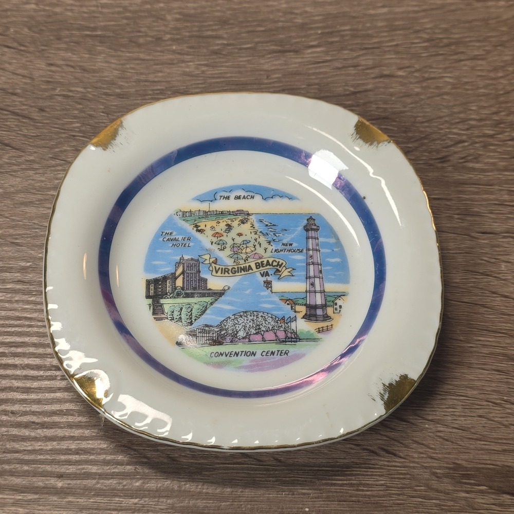Vintage Virginia Beach VA Souvenir Mini Plate Gold Trim Landmark Graphic Japan